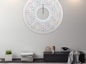 Pannello pensile artistico in stile contemporaneo da ufficio di forma circolare raffigurante fantasie geometriche colorate.