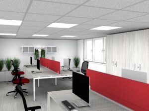 Postazione di coworking in stile contemporaneo con sedute e pannelli divisori in rosso